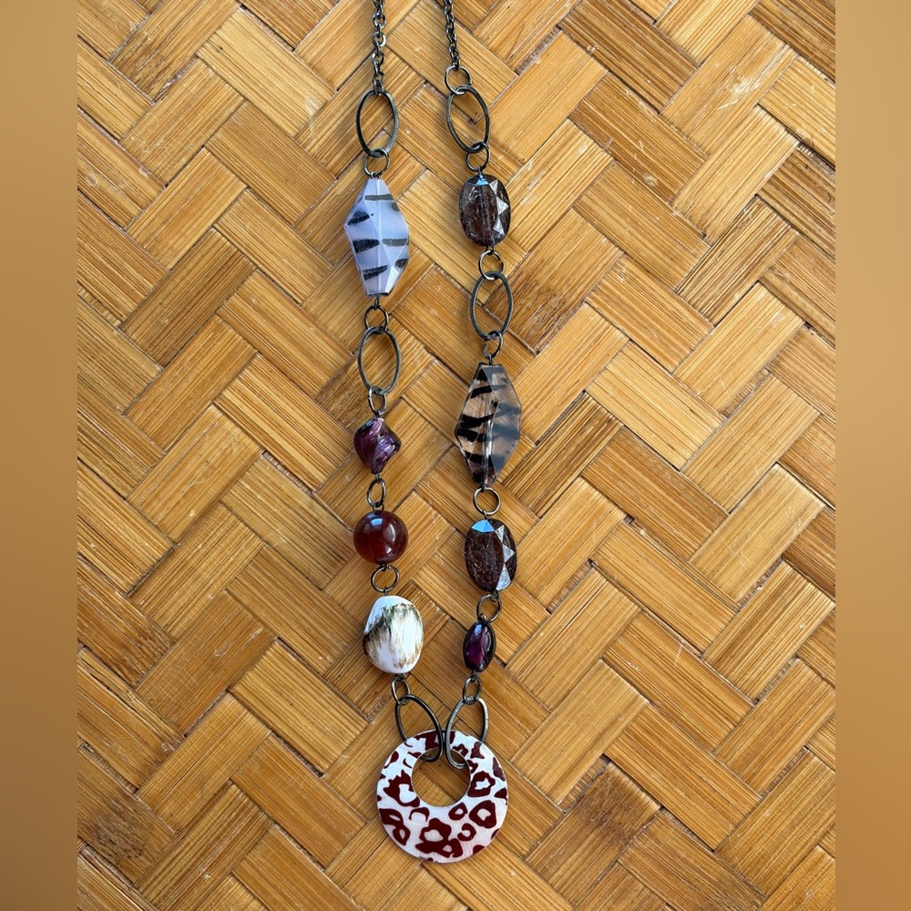 Boho Statement Necklace animal print glass beads, Modern Artisan Style